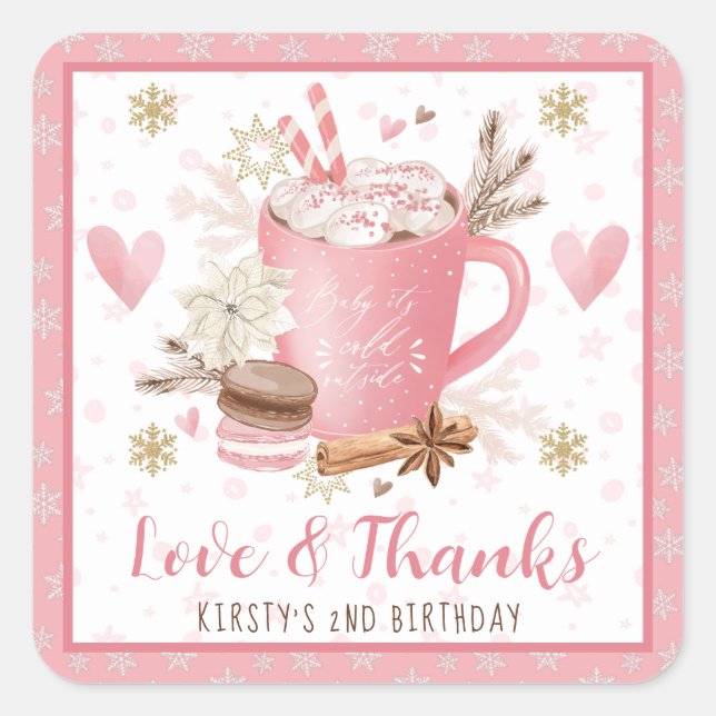 Sticker Carré Pink Cookies & Cocoa Birthday Party Favor (Devant)