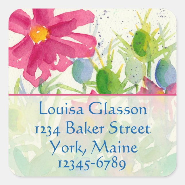 Sticker Carré Pink Cosmos Aquarelle Fleurs sauvages Adresse de r (Devant)