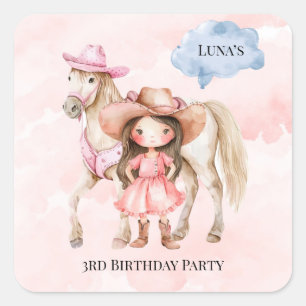 Sticker Carré Pink Cowgirl Horse 00e fête d'anniversaire