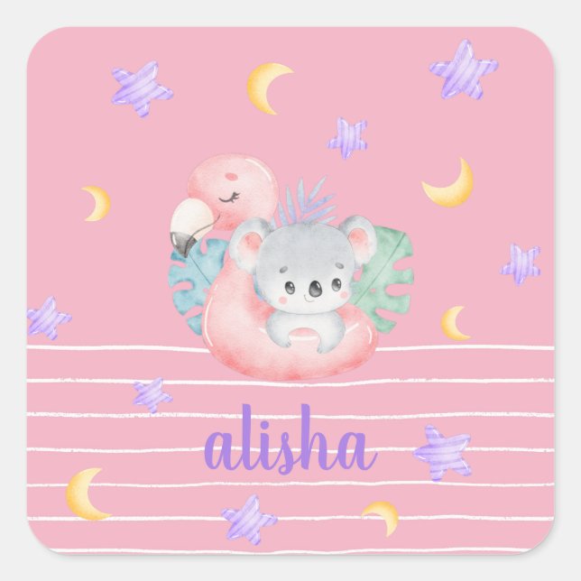 Sticker Carré Pink Cute Koala Kids Nom personnalisé (Devant)