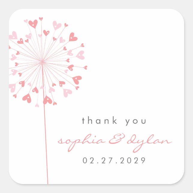 Sticker Carré Pink Dandelion Flower Love Hearts Mariage d'été (Devant)
