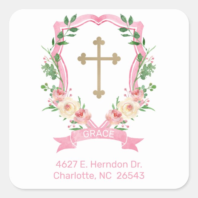 Sticker Carré Pink Floral Baptism Adresse de retour (Devant)