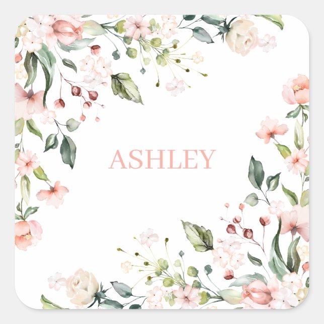 Sticker Carré Pink Floral Monogram Aquarelle Nom personnalisé (Devant)