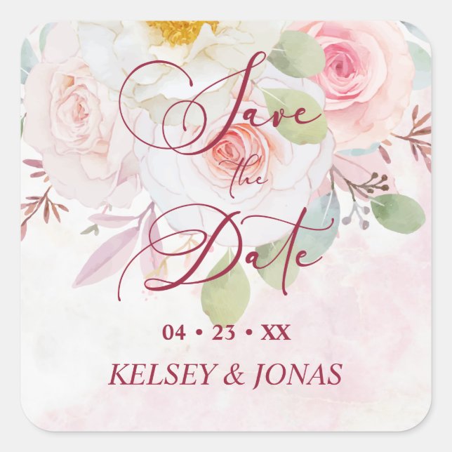 Sticker Carré Pink Floral Save the Date Whimsical Quote (Devant)
