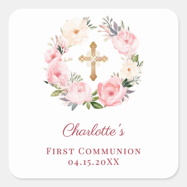 Sticker Carré Pink floral wreath First Communion (Devant)