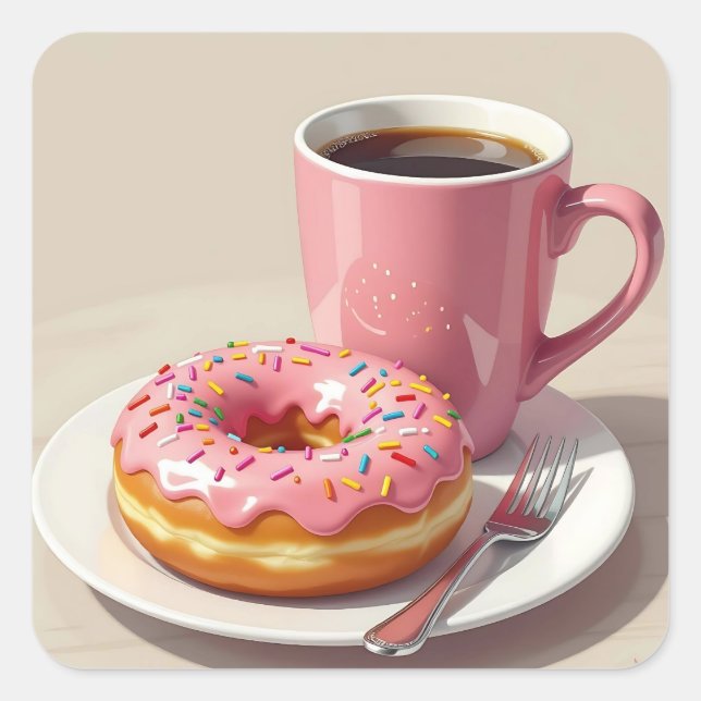 Sticker Carré Pink Frosted Donut and Coffee  (Devant)