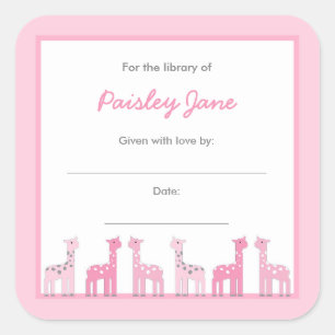 Sticker Carré Pink Giraffes Girl Baby Shower Bookplates