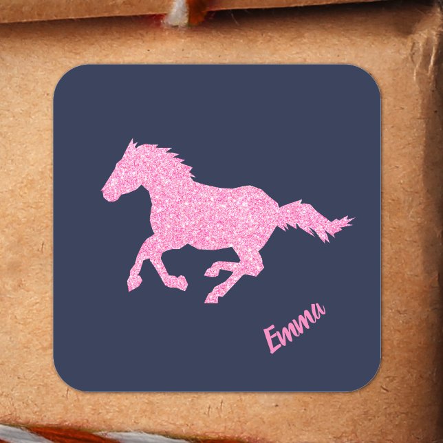 Sticker Carré Pink Glitter Horse Little Girl First Name Animal (Créateur téléchargé)
