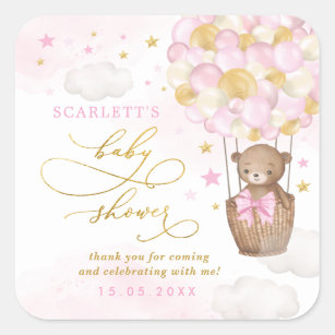 Sticker Carré Pink Gold Teddy Bear Hot Air Balloon Baby Girl