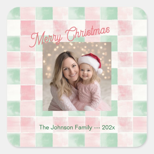 Sticker Carré Pink Green Retro Photo Christmas (Devant)