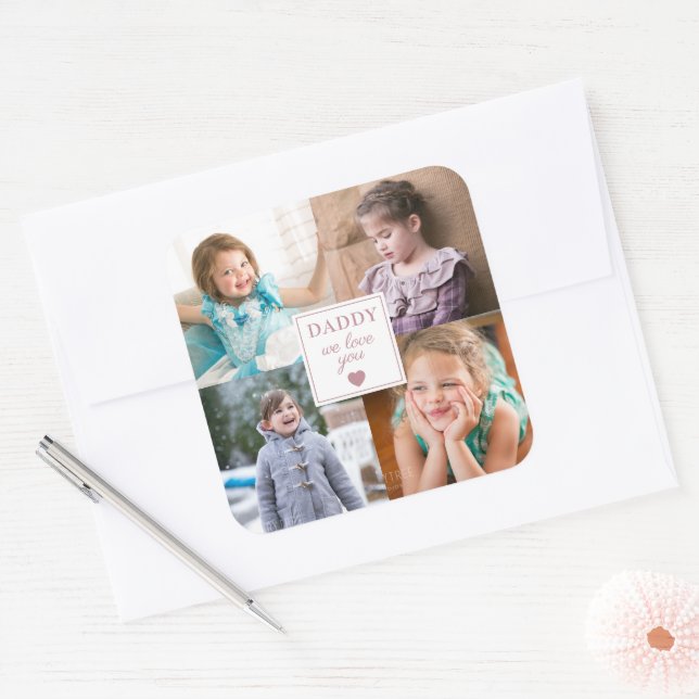 Sticker Carré Pink Heart 4 Enfants Photo Collage (Enveloppe)