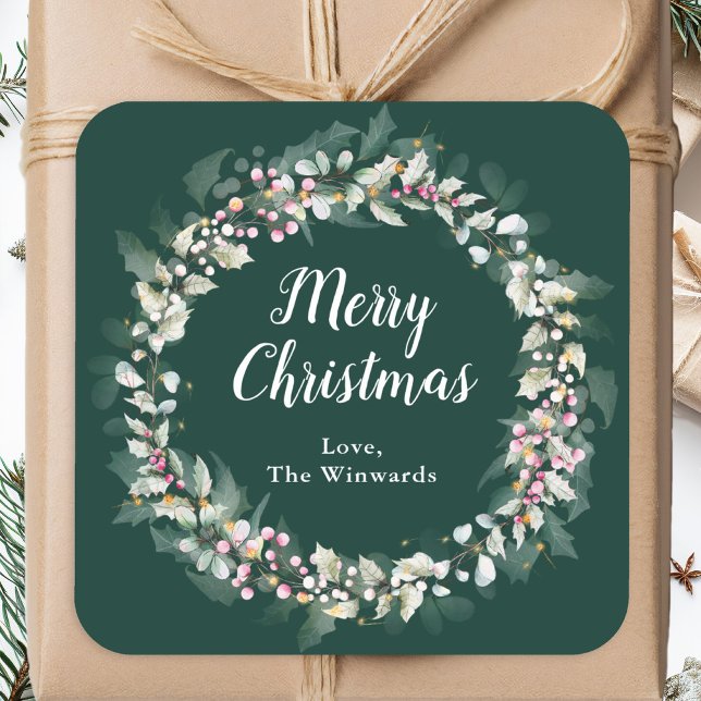 Sticker Carré Pink Holly Wreath Joyeux Noël (Créateur téléchargé)