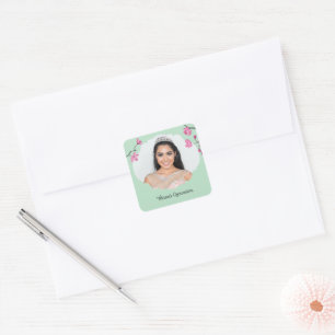 Sticker Carré Pink, Mint Green Cherry Blossom Quinceanera Photo