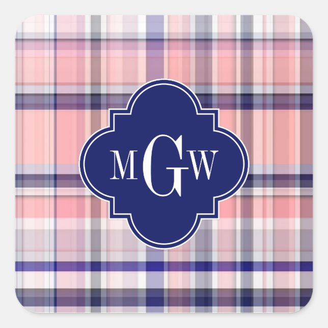 Sticker Carré Pink Navy White Preppy Madras Quatrefoil (Devant)