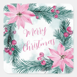 Sticker Carré Pink Poinsettias Noël Floral