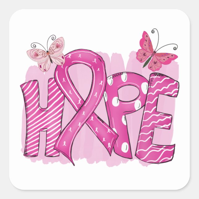Sticker Carré Pink Ribbon Fighter Papillon Hope Cancer du sein (Devant)