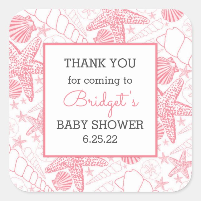 Sticker Carré Pink Sea Shells baby shower merci (Devant)