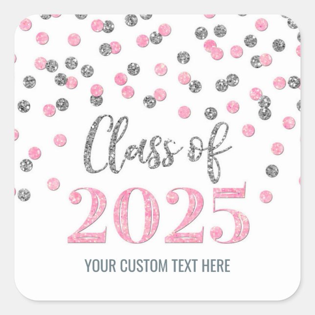 Sticker Carré Pink Silver Confetti Graduation 2025 (Devant)