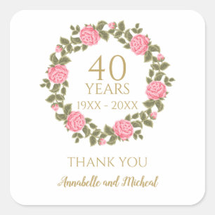 Sticker Carré PINK WILD ROSES Floral Garland 40e Mariage merci