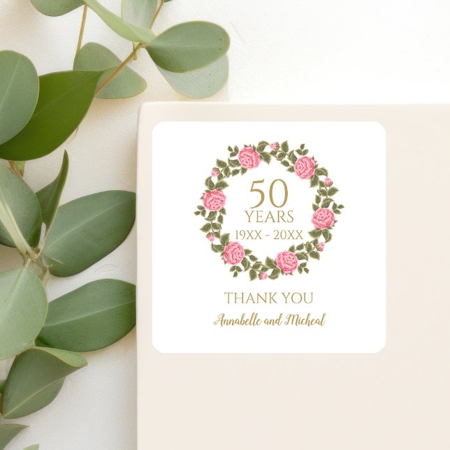 Sticker Carré PINK WILD ROSES Floral Garland 50e Mariage merci (Créateur téléchargé)