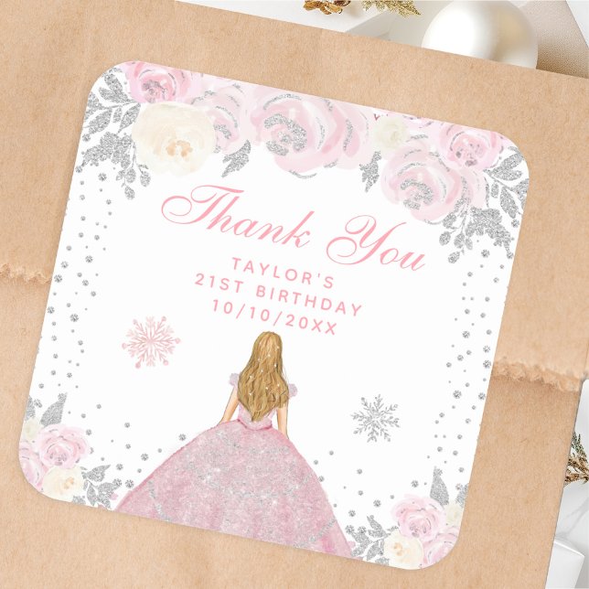 Sticker Carré Pink Winter Blonde Hair Princesse Anniversaire (Créateur téléchargé)