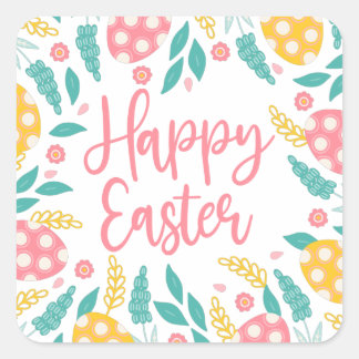 Sticker Carré Pink Yellow Pastel Easter Eggs Foliage