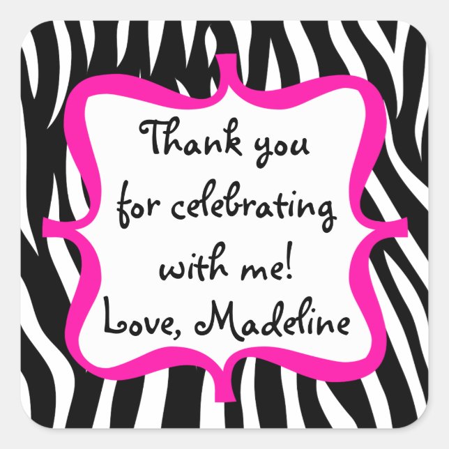 Sticker Carré Pink Zebra Imprimer Anniversaire Fête Favoriser (Devant)