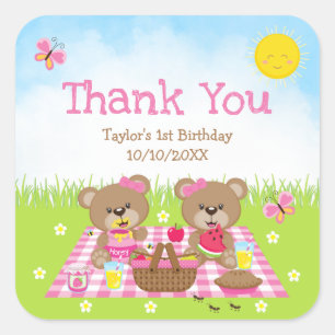 Sticker Carré Pique-nique nounours Anniversaire Rose En vichy Me