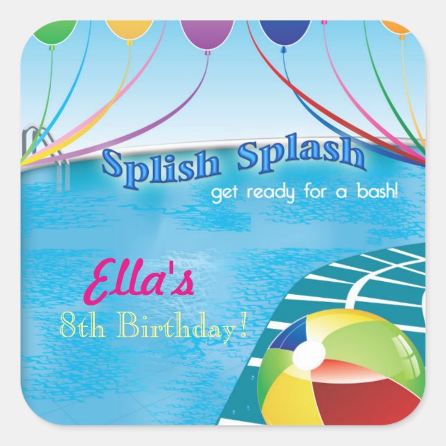 Sticker Carré Piscine fête été Anniversaire Invitation (Devant)