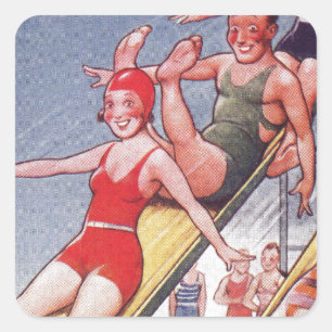 Sticker Carré Piscine Fête Nage Vintage Été