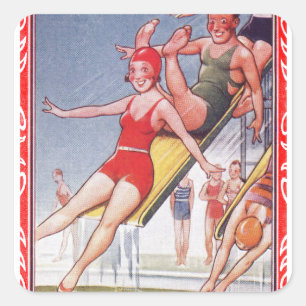 Sticker Carré Piscine Fête Nage Vintage Été