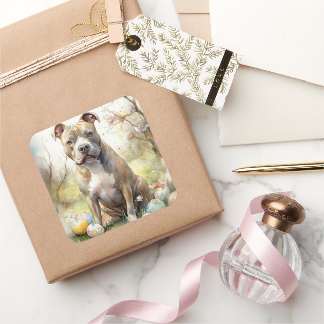 Sticker Carré Pitbull Chien avec des oeufs de Pâques vacances (Cadeaux)