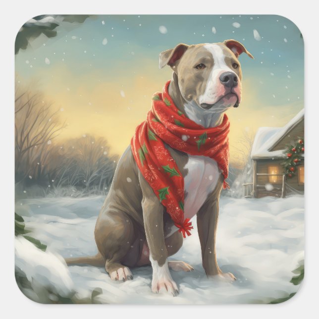 Sticker Carré Pitbull Chien dans Noël de neige (Devant)