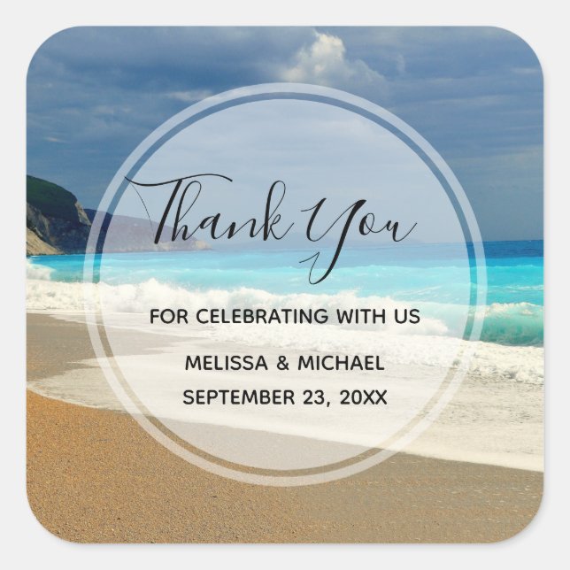 Sticker Carré Pittoresque Turquoise Blue Sea Beach Merci photo (Devant)
