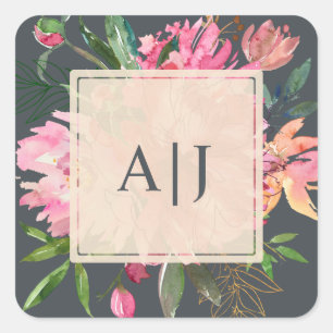 Sticker Carré Pivoine Rose Rubis Monogramme Floral Botanique