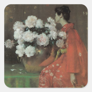Sticker Carré Pivoines par William Merritt Chase, Beaux-arts vin