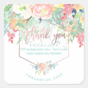 Sticker Carré PixDezines Aquarelle Peonies Peach+Mint/Merci