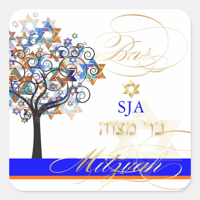 Sticker Carré PixDezines arbre de vie+étoiles/Bar Mitzvah (Devant)