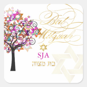 Sticker Carré PixDezines arbre de vie/étoiles/Bat mitzvah