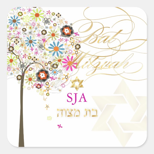 Sticker Carré PixDezines arbre de vie/floral/Bat mitzvah (Devant)