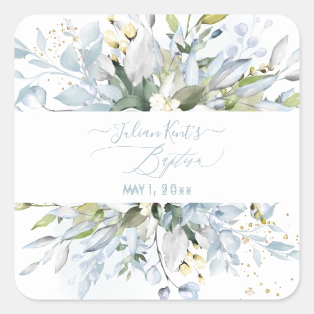 Sticker Carré PixDezines H2 Dusty Blue Eucalyptus Baptême (Devant)