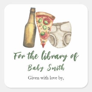 Sticker Carré Pizza, bières et couches aussi - pour la bibliothè
