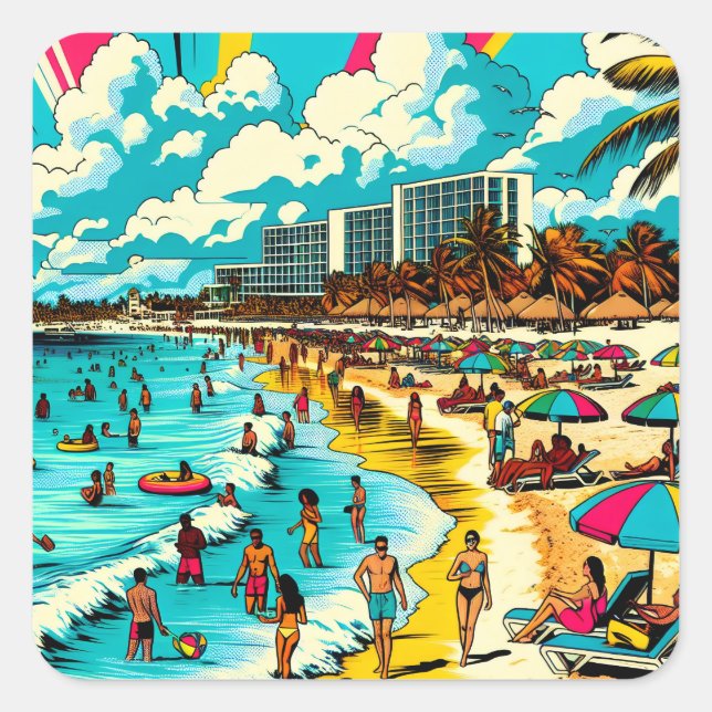 Sticker Carré Plage avec bande dessinée Pop Art Vibe (Devant)