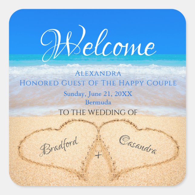 Sticker Carré Plage Coeurs de mariage dans le sable Welcome Keep (Devant)