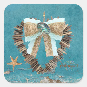 Sticker Carré Plage côtière Thème Driftwood Coeur Saint Valentin