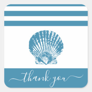 Sticker Carré Plage de coquillages bleu turquoise merci script
