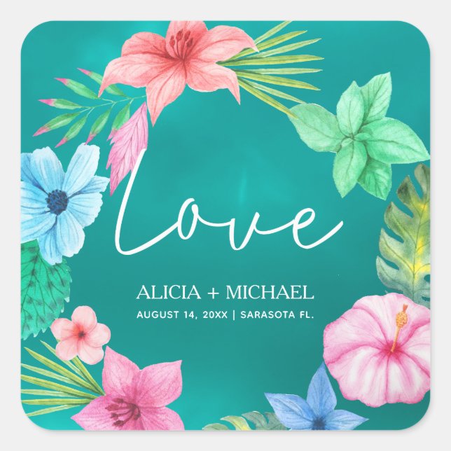 Sticker Carré Plage Hawaii floral tropical script d'amour mariag (Devant)