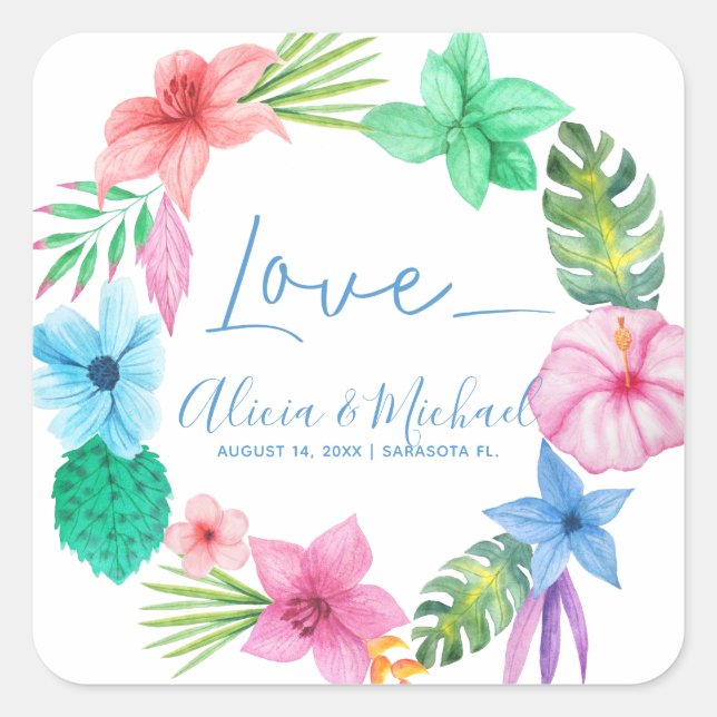 Sticker Carré Plage Hawaiian floral tropical amour mariage (Devant)