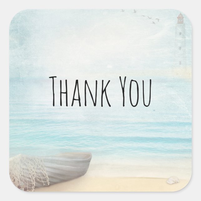 Sticker Carré Plage nautique avec Rowboat & Fishing Net (Devant)