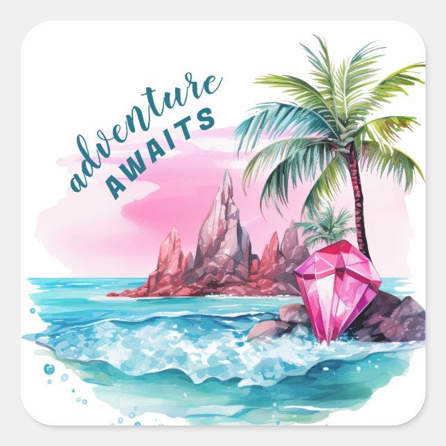 Sticker Carré Plage Palm Tree Mountain View Aventure Attend (Devant)